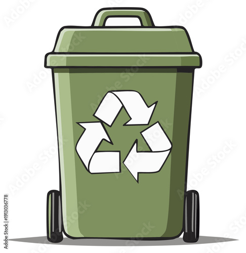 Green recycling bin with universal recycling symbol illustration