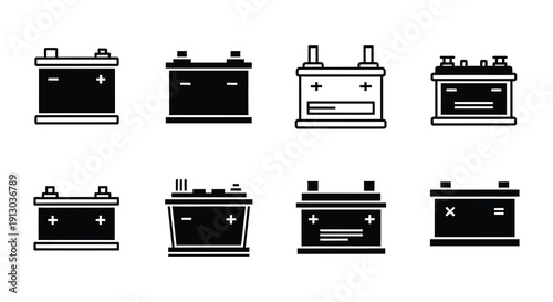 Collection of black and white battery icons in varying styles
