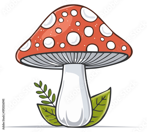 Amanita Mushroom Illustration Featuring Red Cap and White Spots with Green Leaves