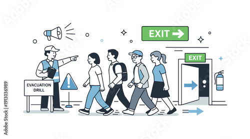 Emergency preparedness drills and training. A small group practices an evacuation drill following clear signs and instructions. Calm,