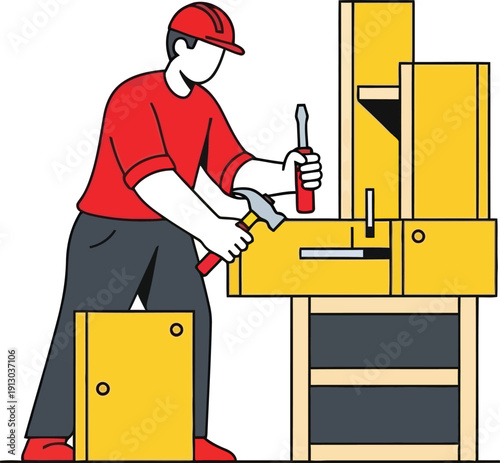 Construction worker wearing a hard hat assembles flat-pack furniture using a hammer and screwdriver in a stylized depiction.