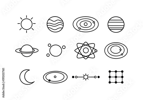 Solar System Minimal Style. Line icon set of Solar System Minimal Style: simplified sun, abstract planets, orbital rings, line planets,
