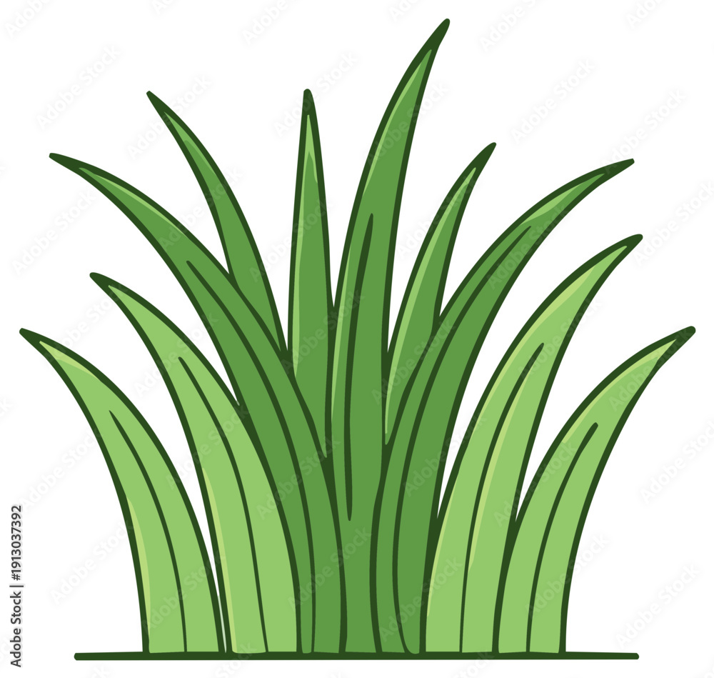 Fototapeta premium Stylized green grass tuft illustration, vibrant natural vegetation bush, fresh spring plant garden element
