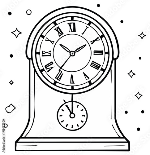 Vintage mantel clock with Roman numerals and pendulum, drawing, antique timepiece, classic alarm