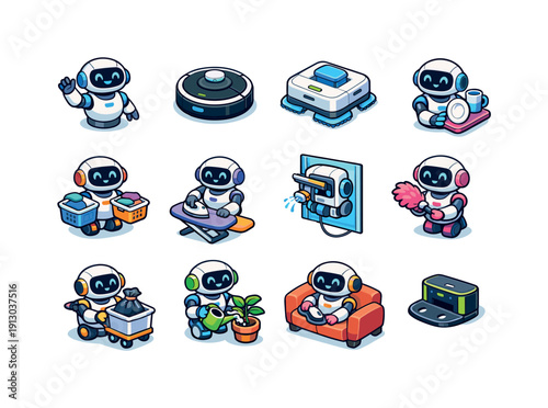    AI home helper. Colorful isometric vector icons set of AI home helper: friendly robot, vacuum robot, mop robot, dish cleaner robot, laundry