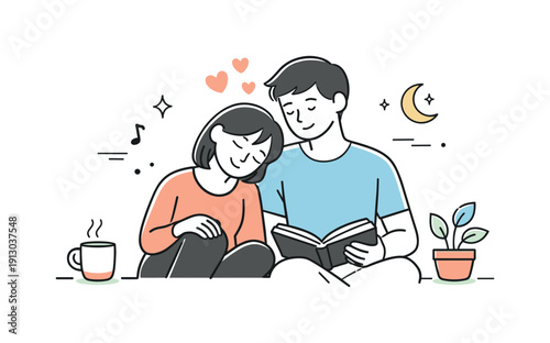 Romantic relationship dynamic. Couple spending quiet time together, calm emotional closeness and attention. Hearts, gentle lines, and minimal