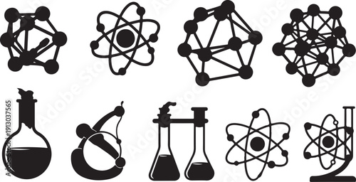 Science and chemistry symbols and icons in black and white