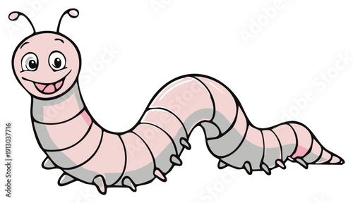 Cartoon smiling caterpillar illustration with pink body and black details.