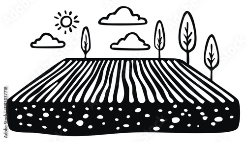 Monochrome illustration of cultivated field and trees