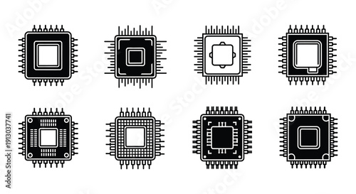 Collection of black and white computer microchips in various designs