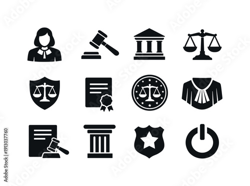 Judicial Authority Icons. Judicial authority. Solid icon set of Judicial authority: judge portrait, authority gavel, courthouse building, justice scales, law