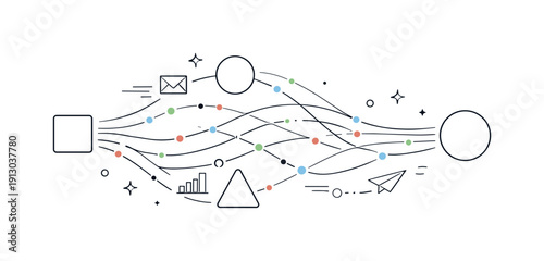   Data flow atmospheres. Abstract streams of data lines and dots moving between simple nodes, suggesting continuous information exchange. Calm,