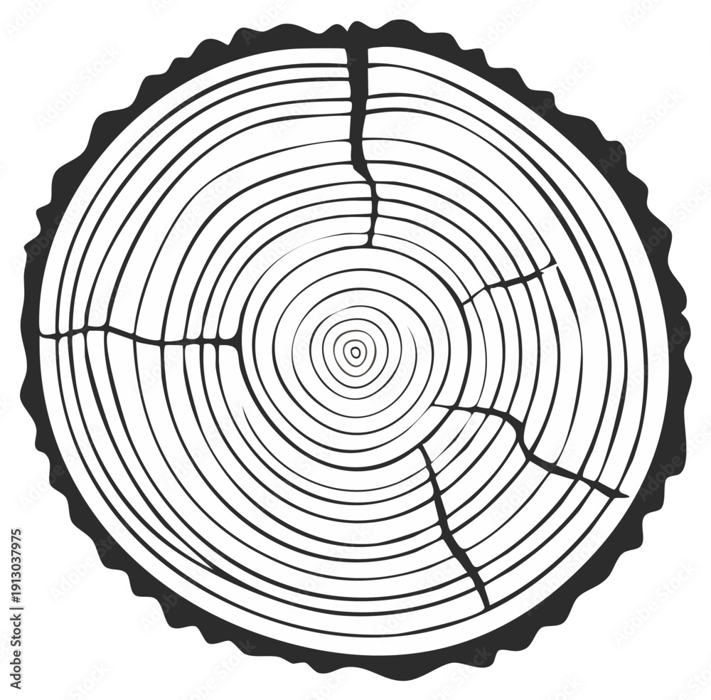 Fototapeta premium Vector icon of a tree trunk cross section with annual growth rings and cracks