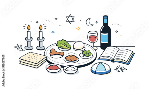 Passover celebration. A simple table setup with symbolic foods and a calm family atmosphere suggested through objects. The illustration feels