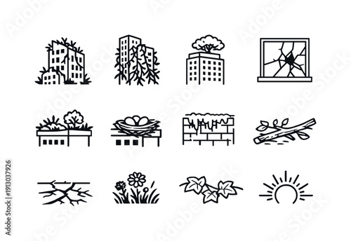   Nature reclaiming skyscrapers. Line outline icon set of Nature reclaiming skyscrapers: