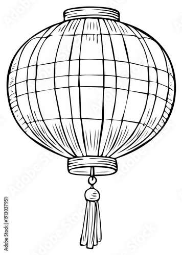 Traditional Asian Lantern With Tassel Line Art Illustration