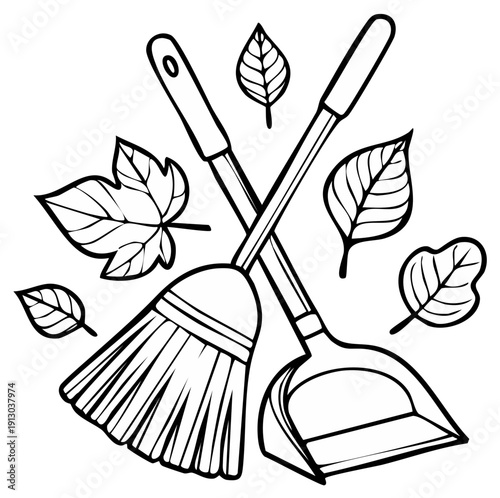 Broom and Dustpan with Falling Autumn Leaves Illustration for Coloring Page