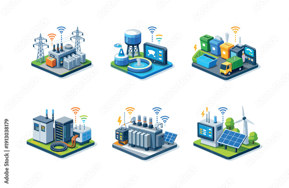 Obraz premium Connected infrastructure. Isometric flat vector icons set of connected infrastructure: smart power substation, digital water management unit,