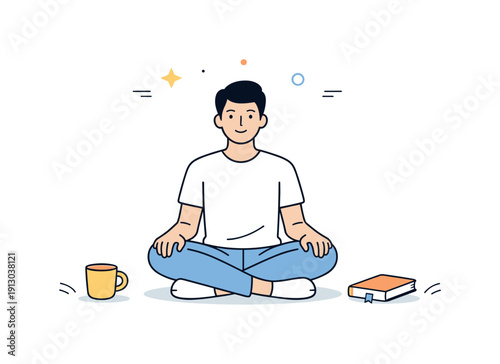    People centered minimalism in everyday life. A person sits or stands exactly in the middle, posture relaxed, no surrounding distractions.