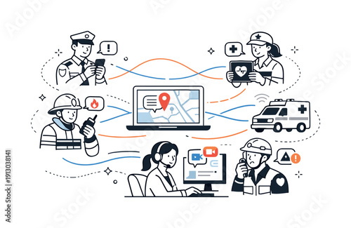 Emergency Response Network. Real-time emergency communication. Multiple response units connected through devices, sharing updates simultaneously. Clean