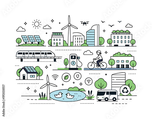    Sustainable smart city. Buildings mixed with trees, solar panels, and clean transport paths arranged in an orderly grid. Calm eco-friendly