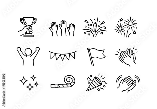Iconic Celebration Symbols. Victory Celebration. Line icon set of Victory Celebration: raised trophy, cheering hands, confetti burst, fireworks spark, victory