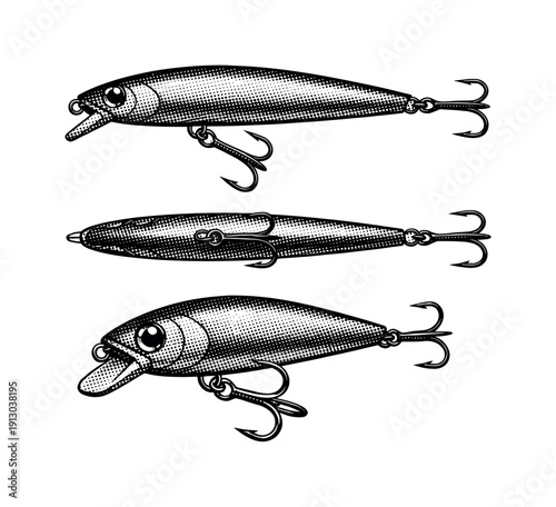  Fishing lure depicted as a single object shown in three views: side view, top view, and three-quarter view focusing on body volume and hook