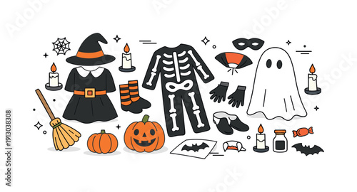 Halloween party preparation. Costumes laid out with candles, pumpkins, and simple props, sense of anticipation and fun. Editorial flat scene