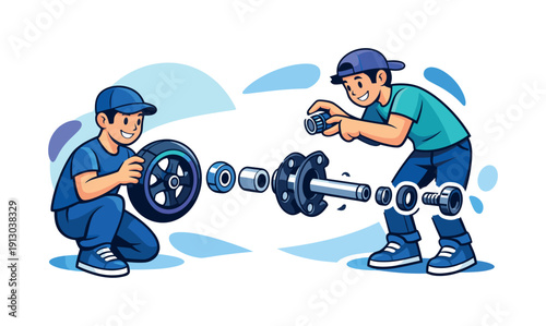   Scooter mechanics focus. Exploded view style of a push scooter wheel, parts floating apart