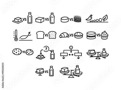 Baking fats comparison. Line icon set of Baking fats comparison: butter vs oil, solid vs liquid fat, texture contrast, flavor strength scale,