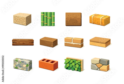    Eco-friendly building materials. Colorful flat vector icons set of Eco-friendly building materials: hemp shiv texture block, bamboo wall