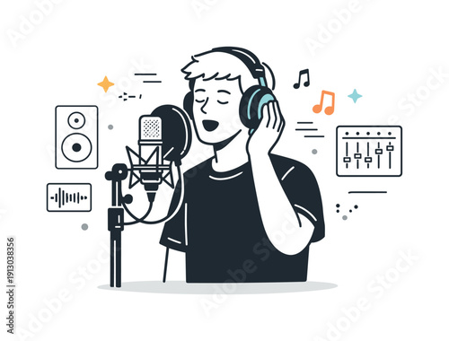 Recording studios and music production. A musician recording vocals with headphones and a microphone, standing calmly in a soundproof room.