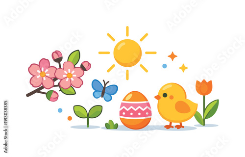 Spring Festive Backdrop. Spring holidays background symbolic spring elements like blossoms, sun, and gentle decorative accents, creating a clean and modern
