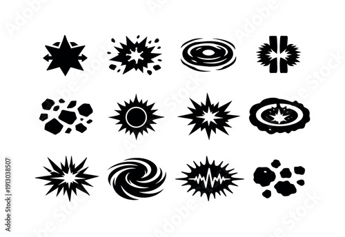 Cosmic Catastrophe. Solid icon set of Cosmic Catastrophe: star collapse, violent explosion, space shockwave, gamma rays, stellar debris,