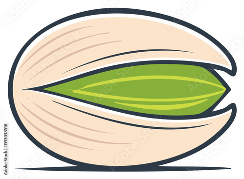 Isolated Pistachio Nut with Split Shell Showing Green Kernel Vegetarian Snack Food Illustration Drawing