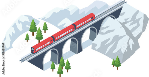 Isometric red passenger train crossing mountain bridge, railway transportation landscape, modern rail travel, scenic alpine viaduct illustration