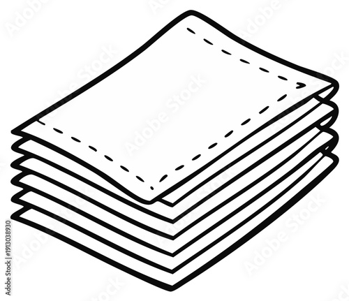 Stack of folded paper napkins with stitched edges in black and white illustration.