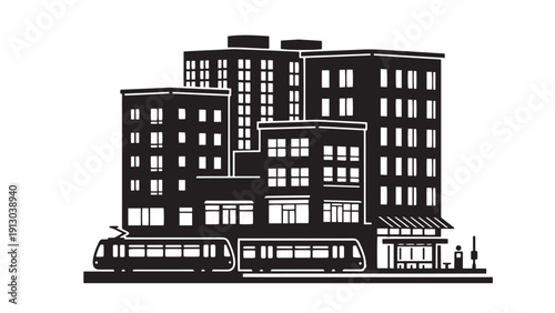 Light Rail Tram Station In Front Of Mixed Use Urban Block With Platform And Streetscape Silhouette For Transit Oriented Development And Sustainable City Planning