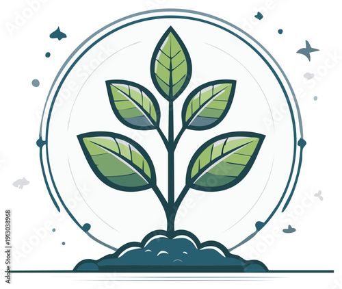 Young green plant growing in fertile soil inside a circular frame illustration