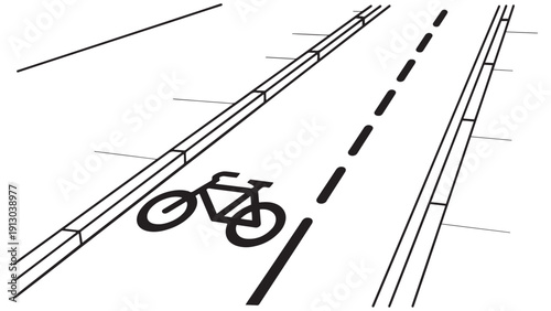 Perspective View Of Urban Bike Lane With Bicycle Symbol On Pavement And Curbing For Active Mobility Infrastructure And Sustainable City Transit Planning