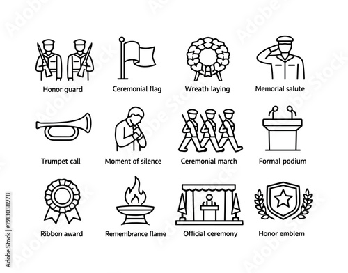    Ceremonial honor. Line icon set of Ceremonial honor: honor guard, ceremonial flag, wreath laying, memorial salute, trumpet call, moment of