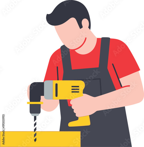 A male carpenter wearing overalls uses a yellow cordless power drill to bore a hole into a horizontal piece of yellow timber material.