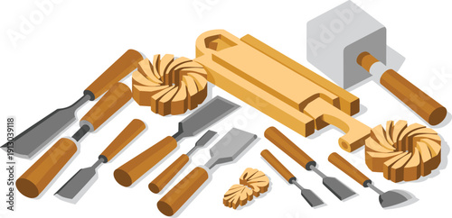 Isometric woodworking tools set, wood carving chisels collection, carpenter equipment illustration, 3D craft workshop instruments vector design