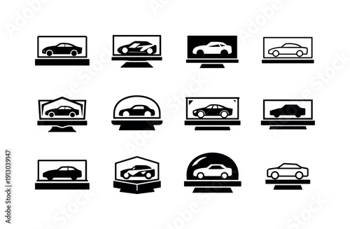    Model cars. Icon set. Set Logo of model cars: collectible car on display. harmonious logo variations of the same emblematic concept, each