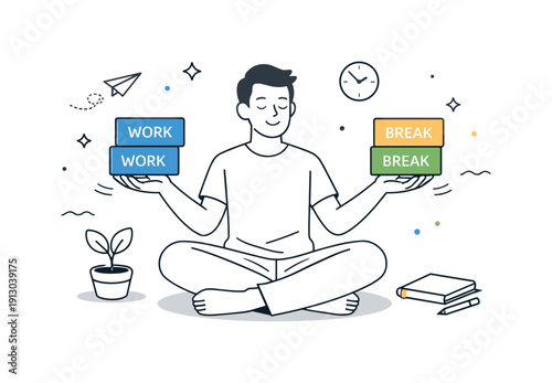Time management, a person balancing work blocks and breaks in a relaxed rhythm, visual metaphor of organized schedule and healthy