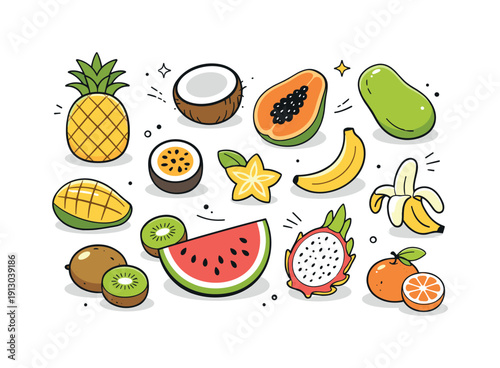 Tropical fruits set flat lay. Top view of sliced and whole tropical fruits neatly spaced with plenty of white space. The illustration