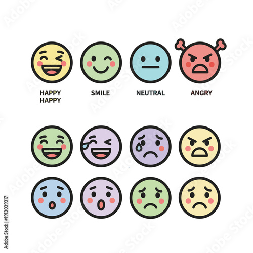 A collection of diverse emoticon faces showcasing various facial expressions and emotions in a simple illustration style