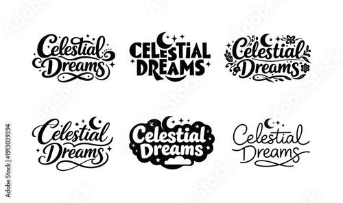    Celestial dreams lettering. Set lettering. harmonious lettering variations of the same emblematic concept, each with different artistic