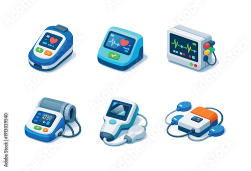 Healthcare device. Isometric flat vector icons set of healthcare device: handheld medical gadget, digital health reader, patient monitoring