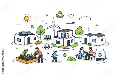 Innovative shelter construction. Modular 3D-printed homes arranged in a small community layout, emphasizing efficiency and dignity. The